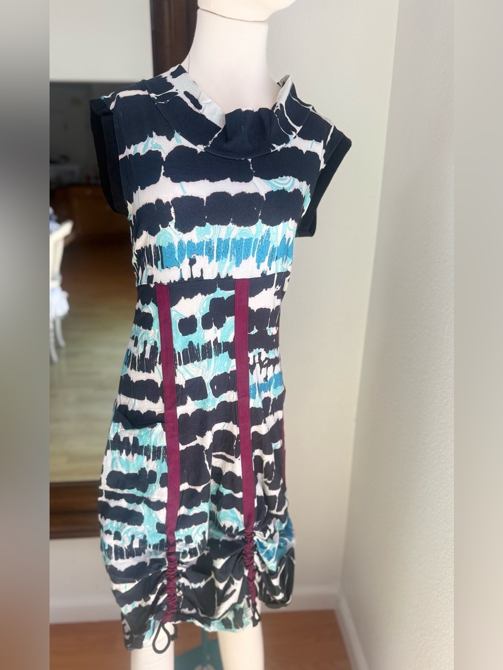 Aimee Printed Top in Black, Turquoise & Coral Tag Accent